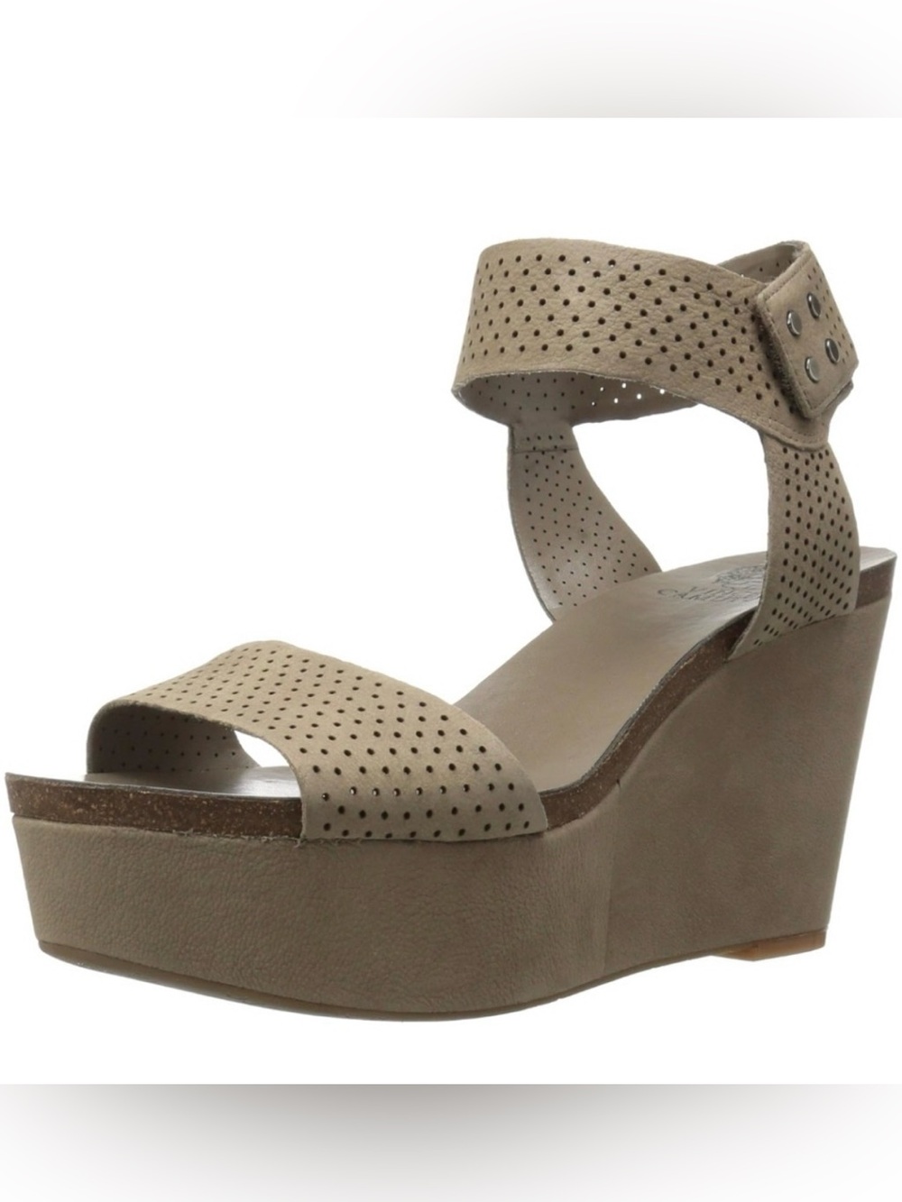 Vince Camuto Valamie Perforated Ankle-Strap Wedges Graystone Nubuck Size 7.5 LN
